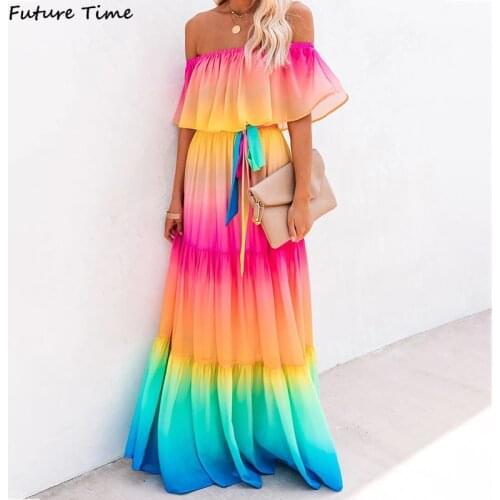Off Shoulder Gradient Ombre Color Belt Ruffles Maxi Chiffon Dress Sexy Long Dress Autumn Casual Fashion Women Dresses C2180