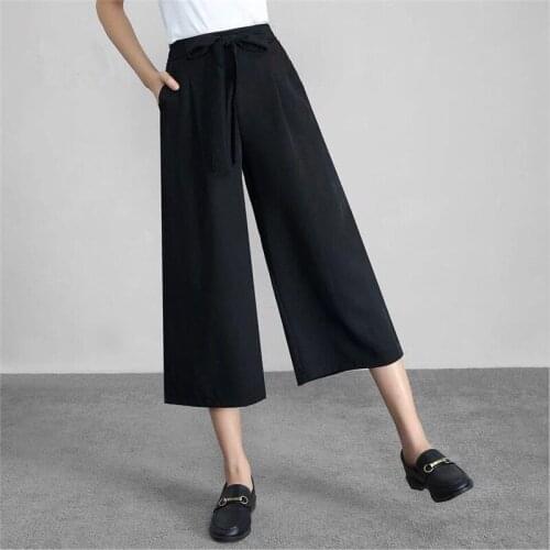 Sweet Girl Chiffon Wide Leg Pants Solid Black Wide Sashes Bow High Elastic Waist OL Calf-Length Pants With Pocket Large Size 7XL
