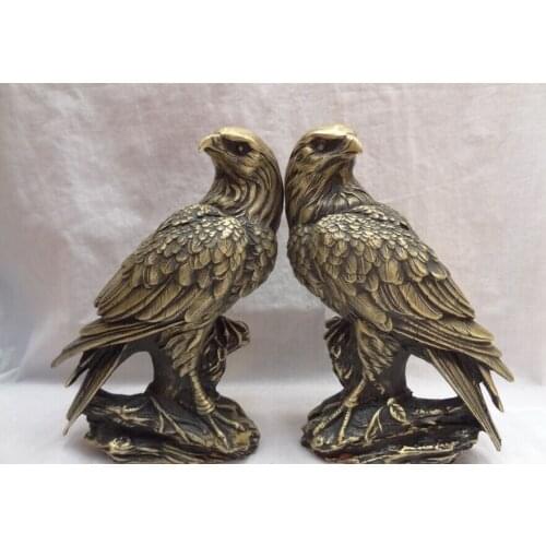 USPS to USA S1359 9" Chinese Bronze Folk FengShui Lanneret Tercel Fly Bird Eagle Head Statue Pair