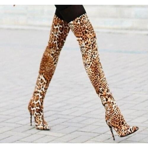 Dipsloot Sexy Woman leopard Suede Pointed Toe Patchwork Over The Knee Boots Thin Heels Slim Elastic Long High Boots High Quality