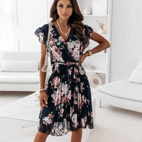 Women Chiffon Ruffles Sleeve Floral Print Mini Dress 2021 Summer Casual Deep V Neck Pink Pleated Office Ladies Dresses for Women