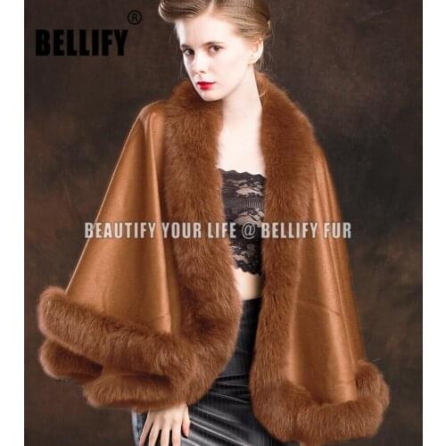Winter Womens Genuine Fox Fur Trim Cashmere Poncho Real Fur Elegant Party bridal wedding cape