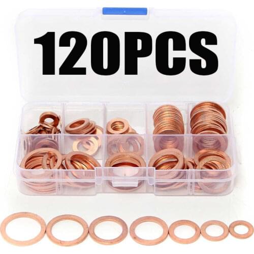 120PCS/Set Solid Copper Washers Assorted Seal Flat Ring Set Solid Gasket Sump Plug Oil Hardware Accessories Copper Washers