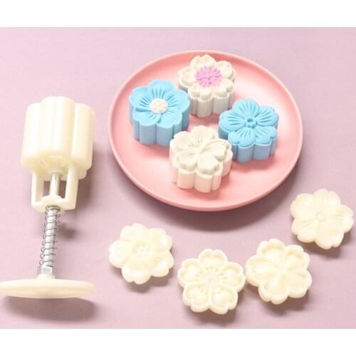50g Mooncake Mold 4pcs Hibiscus Cherry Stamps Hand Press Moon Cake Pastry Mould DIY Bakeware Mid-autumn Festival