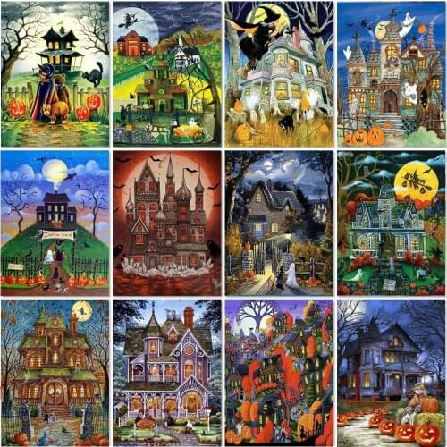 5D Diy Diamond Painting Halloween House Scenery Diamond Embroidery Cartoon Witch Picture Of Rhinestones House Mosaic Wall Decor
