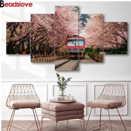 5d diy diamond painting Cherry blossoms train pictures full novelty 2020 mosaic art diamond embroidery round drill home decor