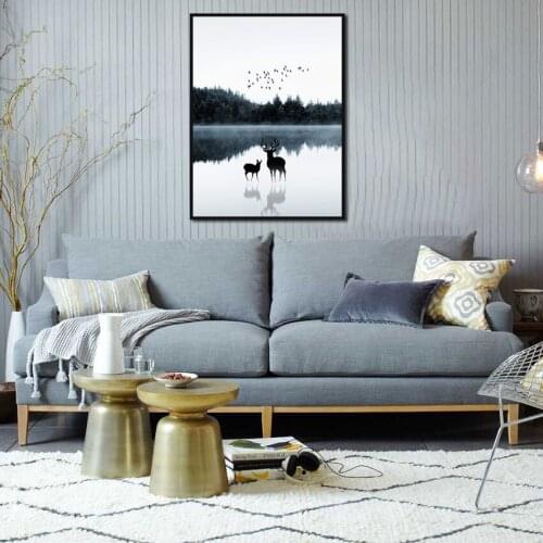 Abstract Wall Art Calm Lake Scenery Canvas Poster Print Animals Birds Elk Painting for Living Room Bedroom Corridor Decoration