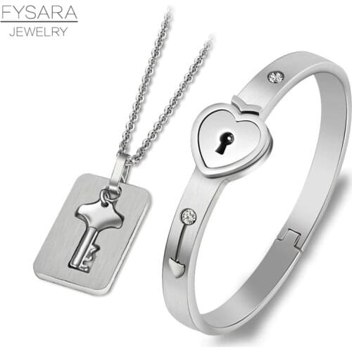 FYSARA Lover Lock Bracelet & Key Necklace Jewelry CZ Crystal Stainless Steel Silver Jewelry Christmas Gift