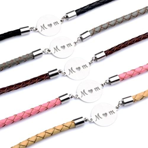 Chanfar Stainless Steel Lovely Text Mom Nameplate Bracelets Multicolor Genuine Leather Braid For Mother Gift Fashion Jewelry