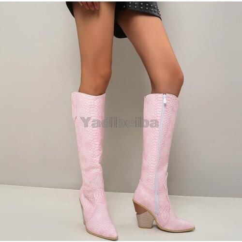 Black Pink Blue Knee High Boots Western Cowboy Boots for Women Long Winter Boots Pointed Toe Cowgirl Wedges Motorcycle Boots