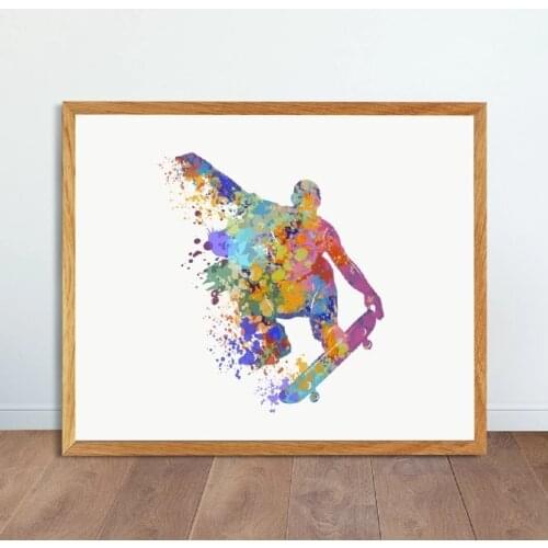 Skateboarder Canvas Art Prints and Poster Sports Jumping Trick Watercolor Art Painting Wall Picture Boys Room Nordic Decor