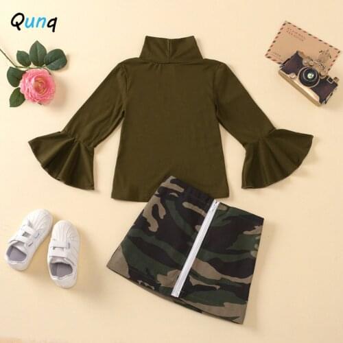 Qunq Girls Camouflage Skirt Set Turtleneck Long Flare Sleeve Shirt 2021 New Spring Summer Fashion Kids Clothes for Children Girl