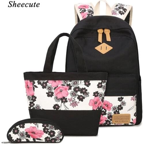 School Bags for Teenage Girls 3pcs Bag Set Women Backpacks Students Book Bags Printing Flower School Backpack Canvas Rucksack