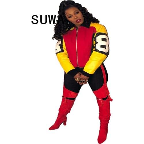 Women Coats And Jackets Winter Red Yellow Patchwork Zipper Long Sleeve Street Cool Girl BF Style Top Wholesale Product