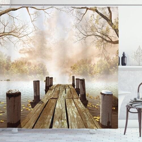 Landcape Shower Curtain Set Misty Autumn Lake and Wooden Pier Curtain for Bathroom Decor 12 Hooks Decorative Bath Accessory