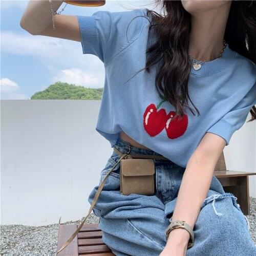Summer new style Japanese cute cherry knitted thin short-sleeved T-shirt women