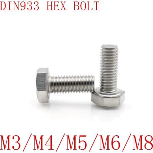 5-10pcs DIN933 M3 M4 M5 M6 M8 A2-70 304 Stainless Steel Metric Thread External Outside Hex Hexagon Head Cap Screw Bolt L=6-65mm