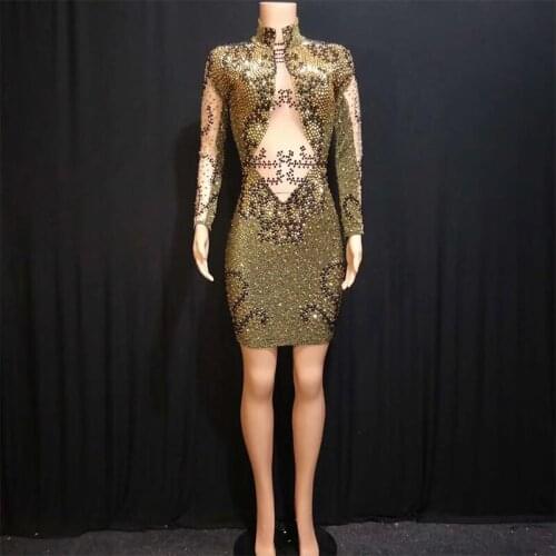 Flashing Gold Rhinestones Dress Birthday Party Celebrate Outfit Nightclub DS Jazz Female Singer Dance Show Outfit Dress DJ1011