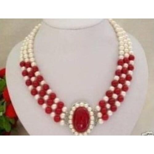 Lovely Ladys 3 row white pearl red coral clasp necklace Jewellery clasp woman word wholesale