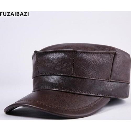 FUZAIBAZI Fashion Autumn Winter Genuine Leather Mens Flat Cap First Layer Cowhide Woman Military Hats Earmuffs Keep Warm Hat