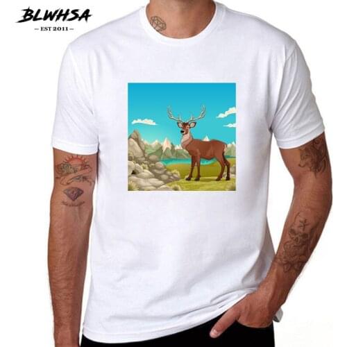 BLWHSA Mountain Landscape With Deer Printed Mens T Shirt Short Sleeves 100% Cotton Fashion T-Shirts For Men Plus Size