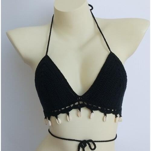 New White Womens Bikini Top Handmade Black Crochet Shell Tassel Bikini Sunbathing Beach Spa Khaki Swimsuit Bra