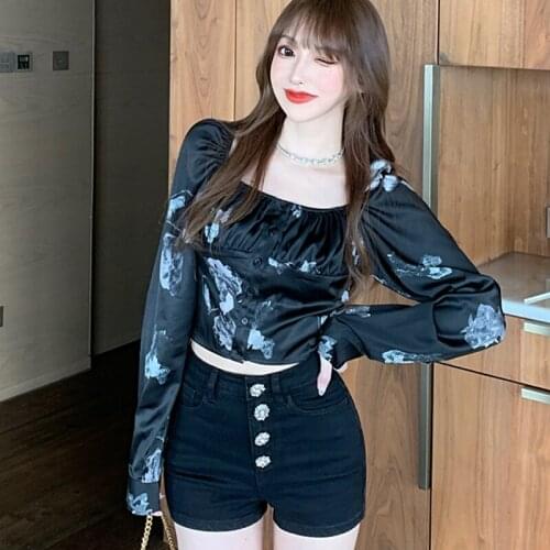 Autumn ink printing glossy long-sleeved shirt retro design niche thin square collar short blouse female