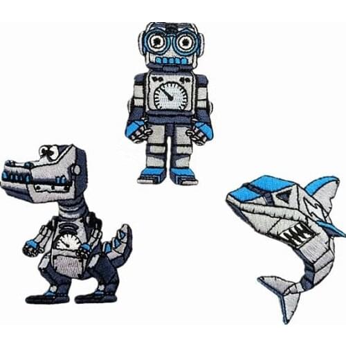PGY Shark Robot Iron On Patches Jurassic Park Embroidered Patch For Clothing Hat Badge Apparel Decoration Stickers Diy Appliques