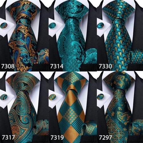 Gift Men Tie Teal Green Paisley Plaid Silk Wedding Tie For Men DiBanGu Design Hanky Cufflink Quality Men Tie Set Dropshipping