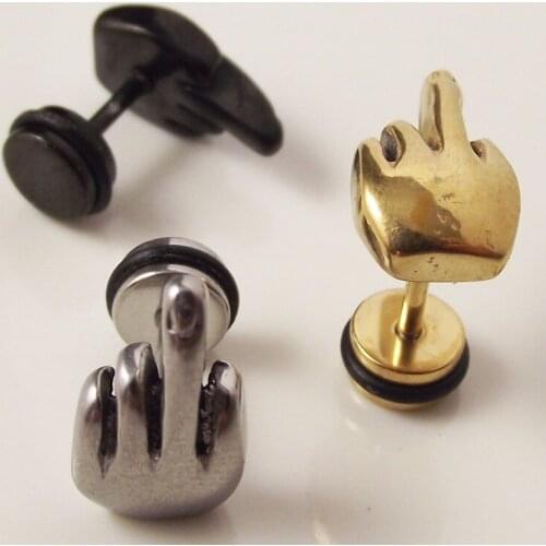 2Piece Free Shipping Fashion Punk Rock Stainless Steel Give Middle finger Stud Earring Body Piercing Jewelry For Men Women