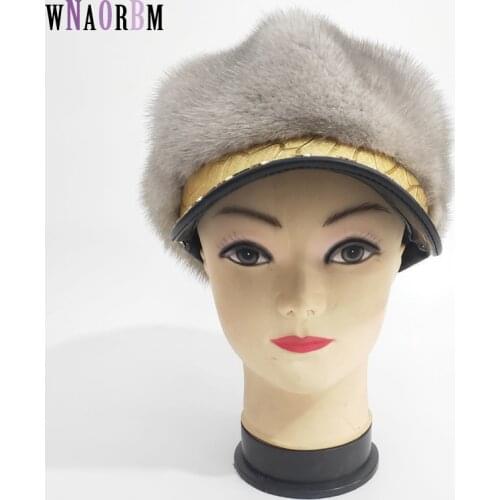 Fur Hat Winter Warm Natural Mink Fur Hats for Women Classic Luxury Caps Earflap Christmas Hat Thermal octagonal hat with brim