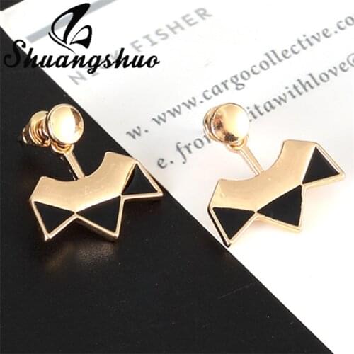 Shuangshuo New Metal Triangle Geometric Earrings for Women Rhinestone Ear Jackets Front Back Stud Earrings Piercing Jewelry Gift