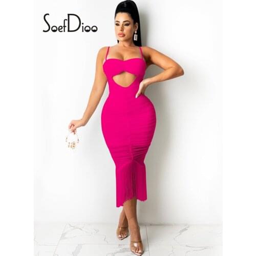 Soefdioo Solid Hollow Out Bodycon Dress Women Sexy Backless Tassel Midi Dress Streetwear Summer 2021 Night Club Party Outfit