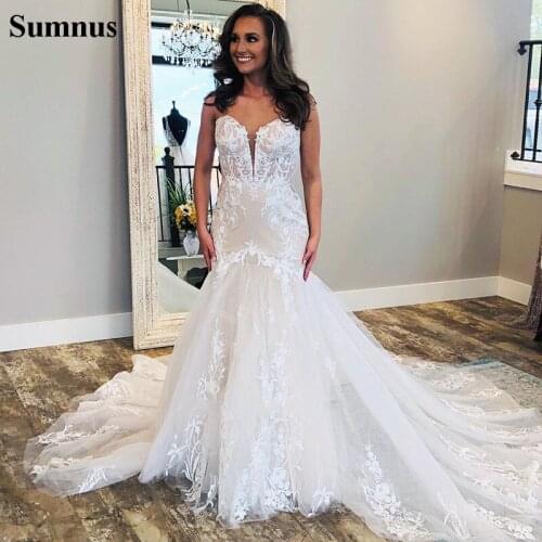 Sumnus Sexy Mermaid Wedding Dresses Sweetheart Backless lace Applique Vintage Bridal Gowns Tull African Wedding Gowns