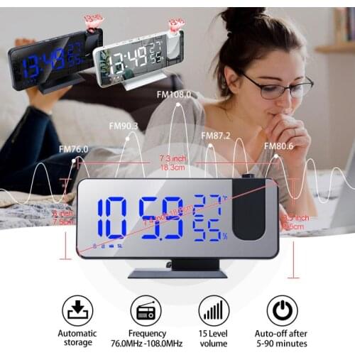LED Digital Alarm Clock Radio Projection With Temperature And Humidity Mirror Clock Multifunctional Bedside Time Display