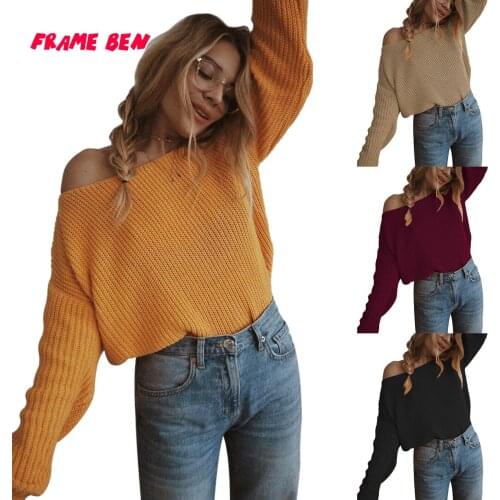 2019 Autumn Winter Casual Knitted Sweater Ladies Elegant Long Sleeve Slash Neck Long Sleeve Pullovers Sweaters Plue Size