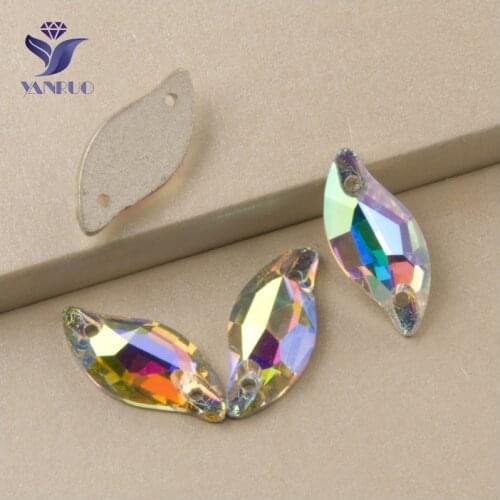 YANRUO 3254 All Sizes AB Diamond Leaf Strass Sew On Glass Stones Flatback Crystal Rhinestone Applique For Sewing