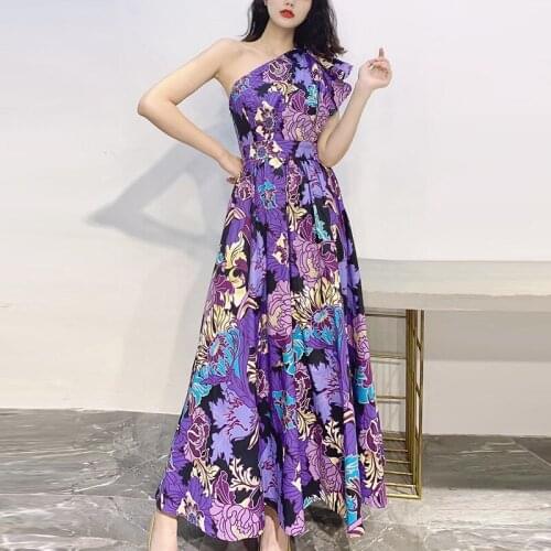 Fashion One Shoulder Diagonal Collar Women Long Dresses Summer Elegant Purple Color Vestido De Mujer Clothing Dress