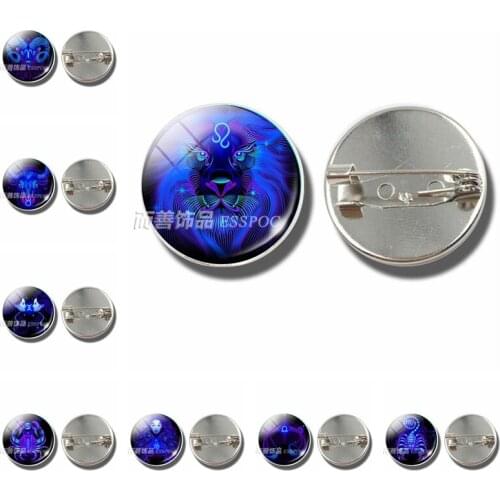 12 Constellation Zodiac Signs Pisces Aries Taurus Brooch Badge Bag Clothes Glass Dome Fashion Jewelry for Women Men Gifts