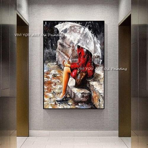 100% Handmade Dropshipping The Red Skirt Women in the Rain Figure Paint Handmade Oil Painting Wall Art Picture Home Decor