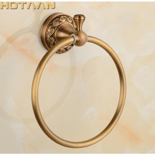 Anit-Rust Bathroom Towel holder, Solid Copper Wall-Mounted Round Antique Brass Towel Ring ,Classic Towel Rack with Flower Carved