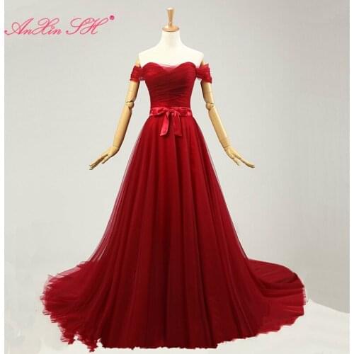AXJFU red lace evening Dresses Sexy Bride Party princess red bow evening dress beach turkey boat neck red lace evening dress