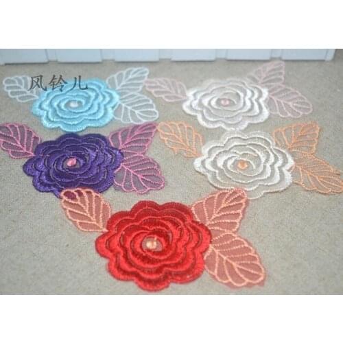 Free shipping embroidery rose and leaf applique, laciness accessories, embroidery lace flower, embroidery rose patches