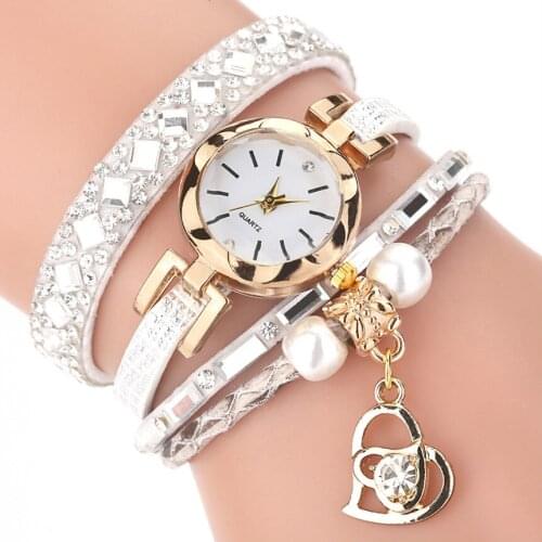 Hot Sale Women Shining Love Pearl Bracelet Watch Luxury Ladies Leather Analog Quartz Wrist Watch Clock Zegarek Damski