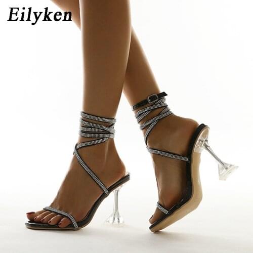 Eilyken New Ankle Buckle Strap Sandals Perspex Crystal High Heels Women Summer Gladiator Party Shoes Rhinestone Lace-Up Pumps
