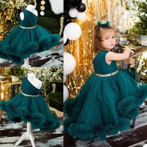 Hi-lo Ruffle Green Girls Birthday Pageant Dresses Ruffle One Shoulder Girls Photography Gowns Pleats Flower Girl Dress Custom