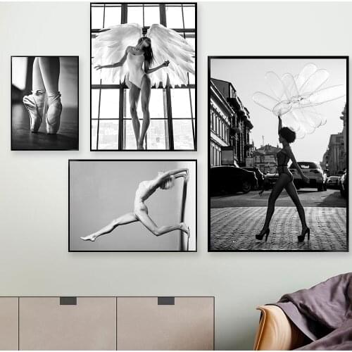 Black White Fashion Ballerina Canvas Painting Posters Print Woman With Wings Wall Art Modern Pictures For Living Room Home Decor