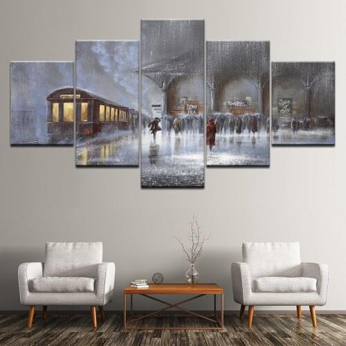 Canvas Painting snow city street train station 5 Pieces Wall Art Painting Modular Wallpapers Poster Print Home Decor