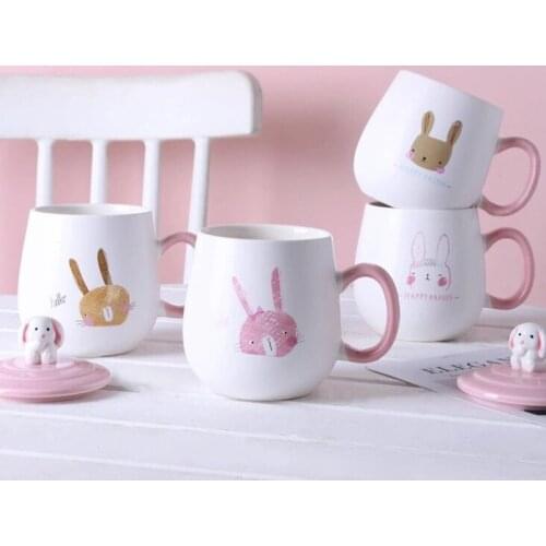 Mugs with Lid Stainless Steel Spoon Rabbit Pattern Cute Style Ceramic Milk Coffee Tea Breakfast Cup Creative Trend Water Cup