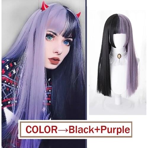 Synthetic Hair Half Black Half Purple Long Straight Lolita Cosplay Wigs for Women Neat Bangs